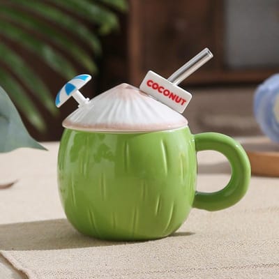 Creatieve Ins Stijl Zomer Kokosnoot Mok Meisjes Hart Hoge Precisie Leuke Keramische Kop Grote Capaciteit Waterbeker met Deksel 430ml black
