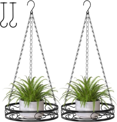Dailygoods- Plantenbakken Metalen - 2 Stuks - Hangend - Plantenpotten Met Kettingen - Binnen/Buiten Gebruik - Zwart - Hangpot