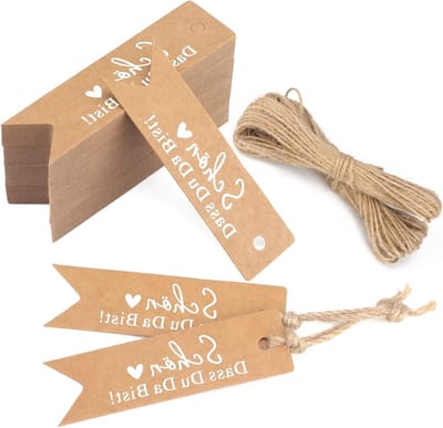 SnelShoppen - 100 Stuks Kraft Papier Gift Hangers met Jute Touw - Hangtags 7x4cm voor Bruiloft, Feest, DIY Decoratie - Schön Dass Du Da Bist