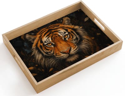 Dienblad hout 40x30 cm - Schootdienblad - Bladeren - Tijger - Oranje - Borrelplank rechthoek - Plateau dienbladen