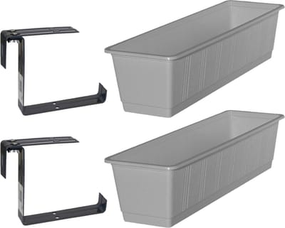 Set van 2 kunststof plantenbakken grijs rechthoekig 60 cm met 4 verstelbare railing beugels