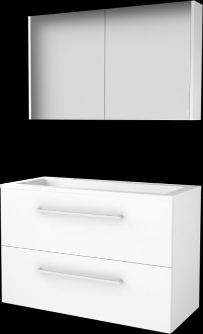 Basic Comfort 46 badmeubelset met spiegelkast, wastafelonderkast met grepen, 2 lades en acryl wastafel met 2 kraangaten 100 x 46 cm, ice white