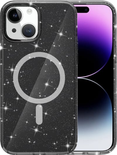 YPCd Glitter Hoesje met MagSafe voor Apple iPhone 15 – Shockproof TPU Backcover – Verhoogde Randen – Transparant Zwart