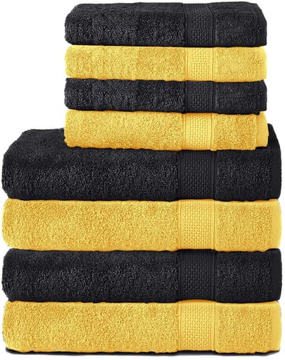 Komfortec Handdoekenset – Set van 8 - 4x Handdoek 50x100 cm en 4x Badhanddoek 70x140 cm - 100% Katoen - Zwart&Geel