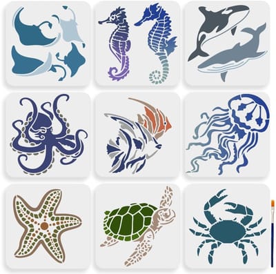 JHUBERS- Sjablonen 9 Stuks - Schildersjablonen Zeedieren - Sjablonen voor Canvas/Stof/Muur - Doe-het-zelf - Originele Patronen - Diversiteit en Creativiteit - Stencils