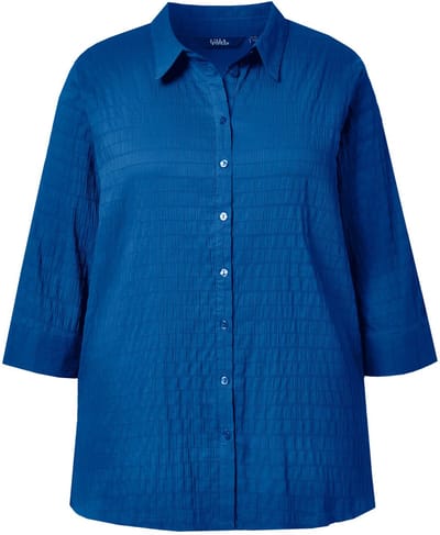 Ulla Popken - Dames - Blouse bubble-kwaliteit overhemdkraag 3/4-mouwen - Kobaltblauw - Maat 66+