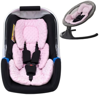Zuigelingenautostoelinzet met extra vulling voor prematuur tot peuter, omkeerbare autostoelinzet voor pasgeborenen ter ondersteuning van hoofd en lichaam, geschikt voor kinderwagen, babyschommel en zitstoel – stippen, roze