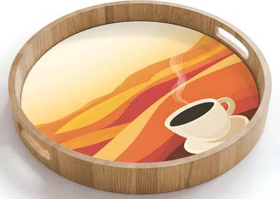 Dienblad rond 40x40 cm - Schootdienblad hout - Koffie - Landschap - Oranje - Koffiebonen - Borrelplank rechthoek - Plateau houten dienbladen