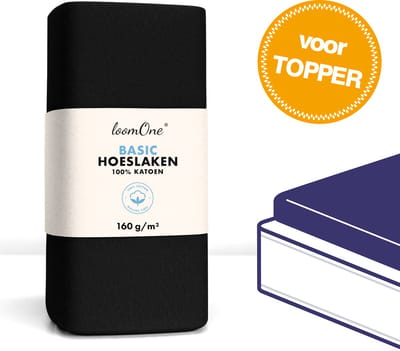 Loom One Hoeslaken Topper – 100% Jersey Katoen – 120x200 cm – tot 12cm matrasdikte– 160 g/m² – Zwart