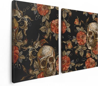 Artaza Canvas Schilderij Tweeluik Doodshoofden met Bloemen - Schedels - 120x80 - Foto Op Canvas - Canvas Print
