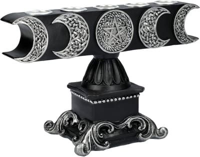 Wicca Kandelaar - Maan Decoratie - Spirituele Sfeer - Handbeschilderd Design - 25 cm Breed - Zwart Zilver