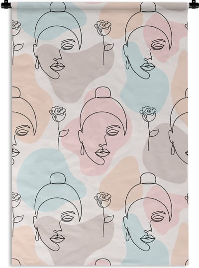 Wandkleed - Wanddoek - Vrouw - Bloemen - Line Art - Pastel - Patroon - 60x90 cm - Wandtapijt