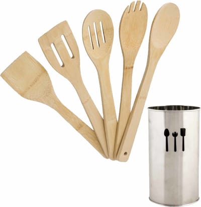 Bamboe hout keuken spatels/lepels set 5-delig met metalen houder van 11 x 18 cm