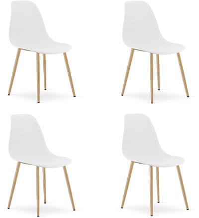 Set van 4 Stoelen WAT – Wit, Houtlook Metalen Poten, Kunststof Zitting – Modern en Ergonomisch – Geschikt voor Eetkamer, Woonkamer, Keuken, Thuiswerkplek, Kantine en Wachtruimte – Eenvoudige Montage