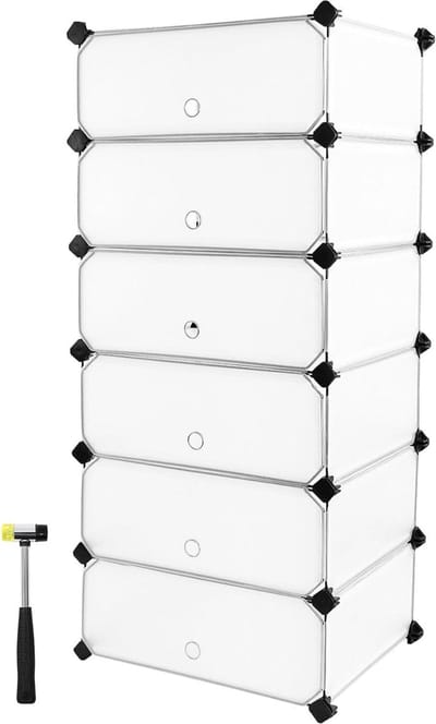 Slanke schoenenkast met 6 compartimenten, opbergorganisator voor schoenen - 6 lagen kunststof schoenenrek - biedt plaats aan 12 tot 18 paar - 43 x 31 x 105 cm - Wit