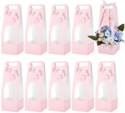 Dailygoods- Cadeauzakjes 10 Stuks - Papieren Zakjes met Venster - Bloemen Design - Bruiloft/Verjaardag - 12 x 12 x 34,5 cm - Zachtroze Kleur - Boeketdozen