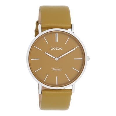 OOZOO Vintage series - Zilverkleurige OOZOO horloge met olijf groene leren band - C20326