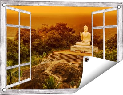 Gards Tuinposter Doorkijk Boeddha Beeld bij een Tempel in het Bos - 60x40 cm - Tuindoek - Tuindecoratie - Wanddecoratie buiten - Tuinschilderij