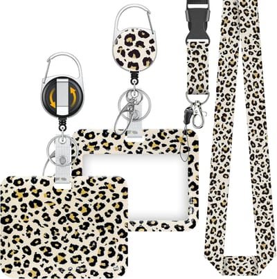Stijlvolle Badgehouder met Retractable Reel en Lanyard - Beige Luipaardprint, Ideaal voor Werknemers en Evenementen