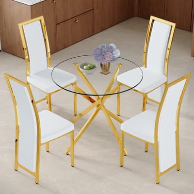 OKWISH Eethoek 88 Cm - Ronde Glazen Tafel Met 4 Stoelen - Voor Eetkamer Of Keuken - Glas Metaal En PU - Wit Goud