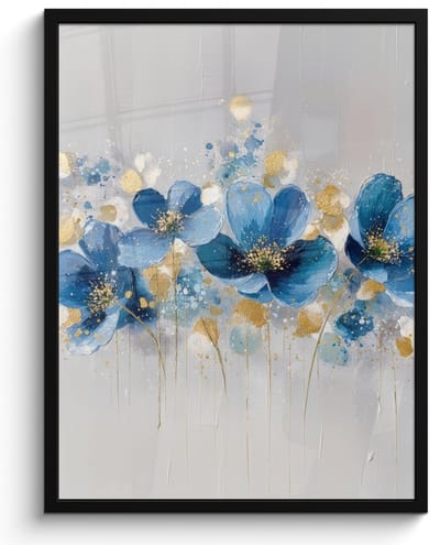 Poster in lijst - Fotolijst 60x80 cm - Posters - Bloemen - Blauw - Abstract - Posterlijst zwart - Decoratie - Wanddecoratie woonkamer - Muurdecoratie slaapkamer