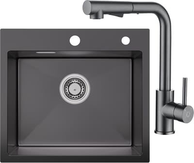 SOFETIY MAX Spoelbak voor keuken 50x45cm Antraciet - Spoelbak Keuken Met Keukenkraan Met Uittrekbare Uitloop - Wasbak Keuken met waterafvoersysteem - Keukenwasbak voor Inbouw - of Bovenmontage