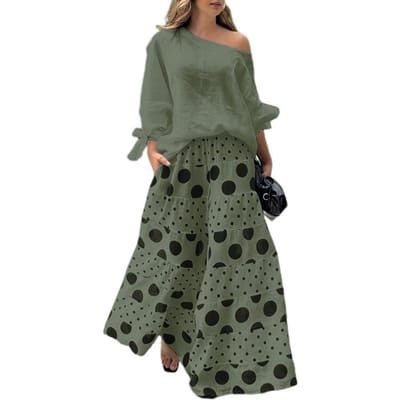 2 stuks/set dames T-shirt broekset schuine hals één schouder lange mouwen strik manchet top losse hoge taille wijde pijpen bedrukt lang M gray
