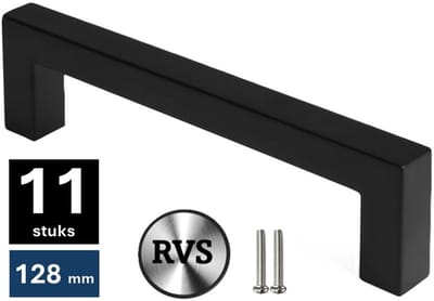 11 X MSQDESIGN Handgrepen RVS zwart - Boormaat 128mm - zwarte Handgreep voor Keuken & Kast - Moderne Meubelgreep - Keukengreep Mat zwart -Kastgrepen- zwarte Greepjes Keuken - zwarte RVS Handvatten - Deurgreepjes -incl schroeven
