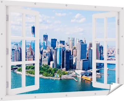 Gards Tuinposter Doorkijk New York Als een Eiland vanuit de Lucht - 180x120 cm - Tuindoek - Tuindecoratie - Wanddecoratie buiten - Tuinschilderij