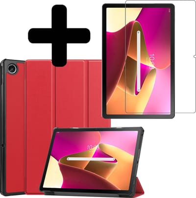 Hoes - Geschikt voor Lenovo Tab M10 Plus (3e / 3rd Generatie) - Met Screenprotector - Trifold Bookcase - Hard Cover - Hardcover Book Case - Tablet Hoesje - Rood