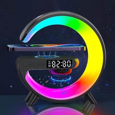 Nachtlampje met oplaadfunctie, Bluetooth-luidspreker, wekker, dimbare led-tafellamp, alarmklok, G-vormige draadloze oplader via USB-C-aansluiting, wake-up light (zwart)