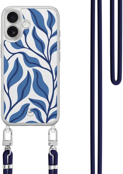 Hoesje met koord geschikt voor iPhone 16 - Blue leaves - Inclusief zwart koord - Crossbody beschermhoes - Transparant, Blauw - Mooie Telefoonhoesjes