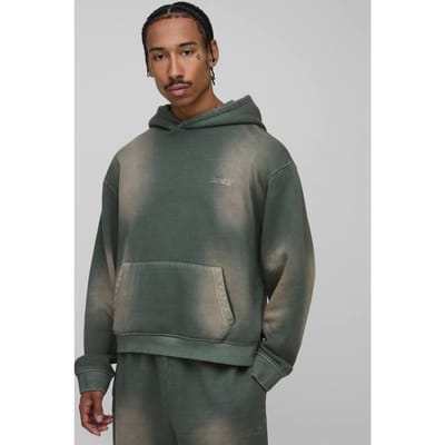 Oversized Boxy Spray Wash Men's Sport Geborduurde Hoodie | Olive | Size Small