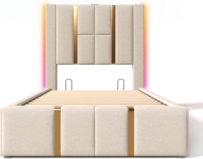 Gotagee Gestoffeerd bed eenpersoonsbed USB Type C oplaadfunctie APP-bediening LED 90×200 opbergbedden bedframe, houten lattenbodem, beige linnen materiaal (zonder matras)