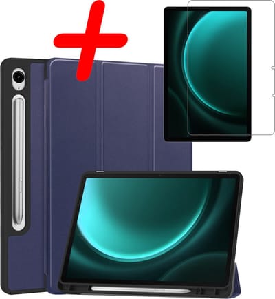 Hoesje Geschikt voor Samsung Galaxy Tab S9 FE - Met Screenprotector - Trifold Bookcase - Hard Cover Case - Met Uitsparing Geschikt voor S Pen - Hardcover Book - Tablet Hoes - Donkerblauw