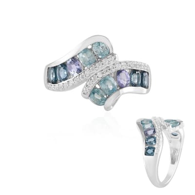 Cavill - Elegante 925 Sterling Zilver Ring - Geplatineerd - 2,49 ct Ratanakiri Zirkonen - Ovale Tanzaniet & Londenblauwe Topaas - Handgemaakt Sieraad