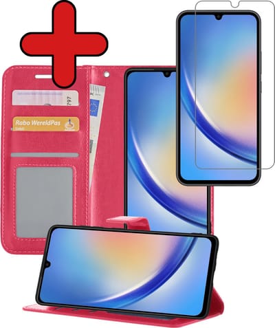 Hoesje - Met Screenprotector - Geschikt voor Samsung Galaxy A34 - Luxe Pasjeshouder - Flipcase - Bookcase Portemonee - Flip Case - Kunstleer Book Case - Book Cover - Walletcase - Portemonneehoes - Telefoonhoes - Donkerroze