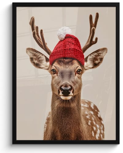 Poster in lijst - Fotolijst 50x70 cm - Posters - Hert - Kerst - Muts - Dieren - Winter - Grappig - Posterlijst zwart - Decoratie - Wanddecoratie woonkamer - Muurdecoratie slaapkamer - Kerstversiering - Kerstdecoratie voor binnen - Kerstmis