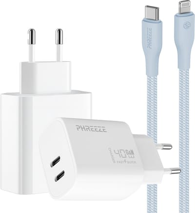 Phreeze usb C oplader geschikt voor iPhone en iPad met Lightning kabel blauw - Power Delivery snellader - Met 2 usb C poorten