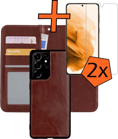 Hoes - 2 in 1 - Geschikt voor Samsung Galaxy S21 Ultra - Met 2x Screenprotector - En Uitneembare Hard Cover - Bookcase - Wallet Case - Met Pasjeshouder - Book Case - Uitneembaar - Pashouder - Kunstleer - Bruin