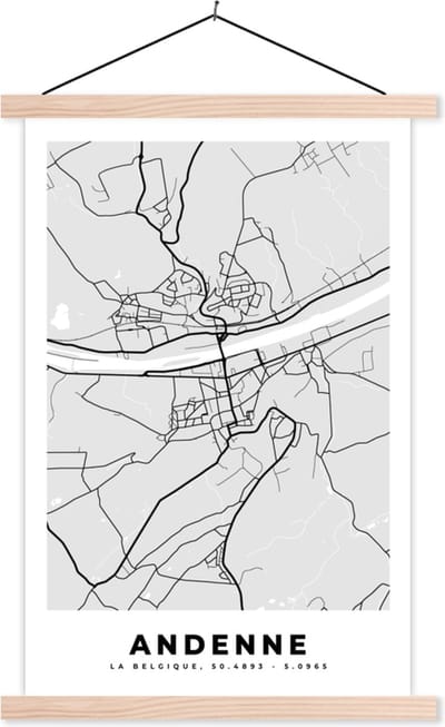 Posterhanger incl. Poster 40x60 cm - Schoolplaat - Zwart Wit – België – Plattegrond – Stadskaart – Kaart – Andenne - Textielposter - Blanke latten - Stadskaart