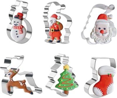 Set van 6 Kerst Koekjesuitsteekvormen van RVS - Santa Claus, Rendier, Sneeuwman, Kerstboom en Kerstsokken voor Kinderen en Feestjes
