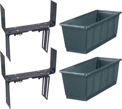 Set van 2 kunststof plantenbakken antraciet grijs rechthoekig 60 cm met 2 verstelbare balkon/muurbeugels