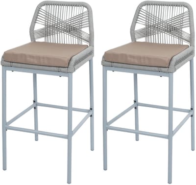 Set van 2 Touw barkrukken MCW-O21, buiten zitkussen touw vlechtwerk metaal ~ lichtgrijs, kussen taupe