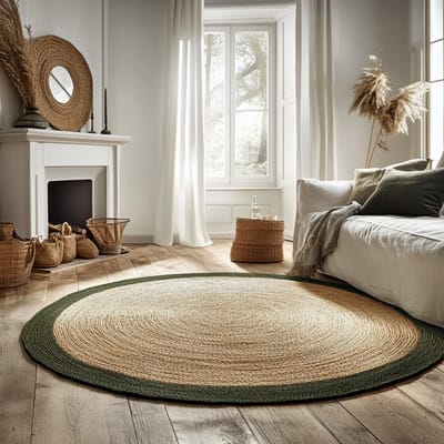 Rond jute vloerkleed naturel/Groen met rand 240cm Mrcarpet
