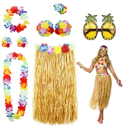 Dailygoody - Hula Rok Kostuum Accessoire Set - Hawaii Luau Party - Leuke Dansaccessoires - Geel - Bloem Bikini Top - Perfect voor Feestjes - 8 Stuks