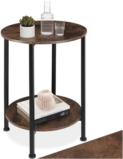 tectake® Ronde Bijzettafel van Hout en Metaal - Industrieel Design, Salontafel met 2 Planken - Voor Woonkamer, Slaapkamer - Diameter 45 x 64 cm - Zwart Metalen Frame - (Industrieel Donkerbruin)