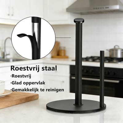 Keukenrolhouder Zwart RVS – Keukenpapierhouder voor Aanrecht – Anti-slip – Universeel voor Grote Rollen