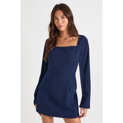 boohoo Dames Op maat gemaakte jurk met vierkante hals in shift-stijl | Navy | Maat: 8