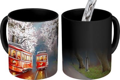 Magische Mok - Foto op Warmte Mokken - Koffiemok - Schilderij - Olieverf - Tram - Bloesemboom - Magic Mok - Beker - 350 ML - Theemok